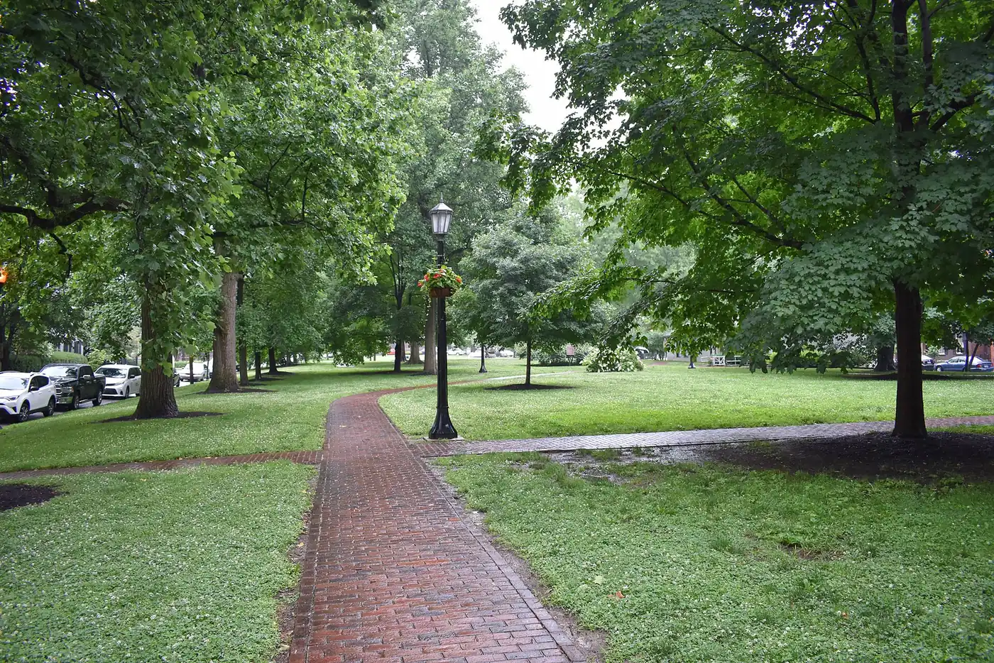 A brick path under shade trees in Gratz Park in downtown Lexington, home of the Mayfest Arts Fair