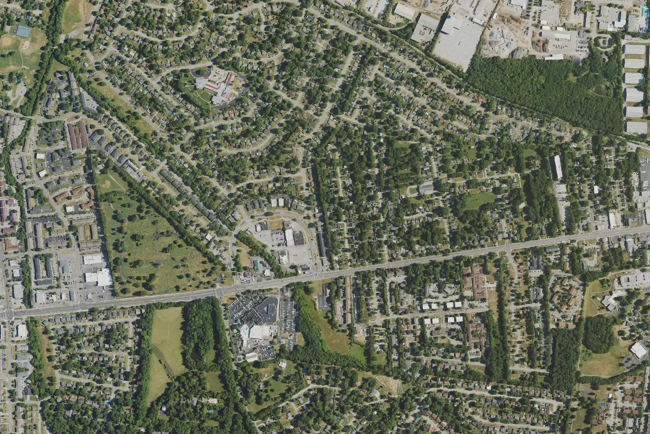 Aerial view of Cardinal Valley, with Versailles Road crossing the middle, on the west side of Lexington