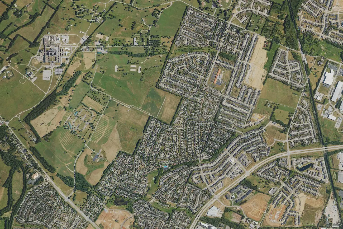 Aerial view of the Masterson Station neighborhood and its streets off Leestown Road in northwest Lexington