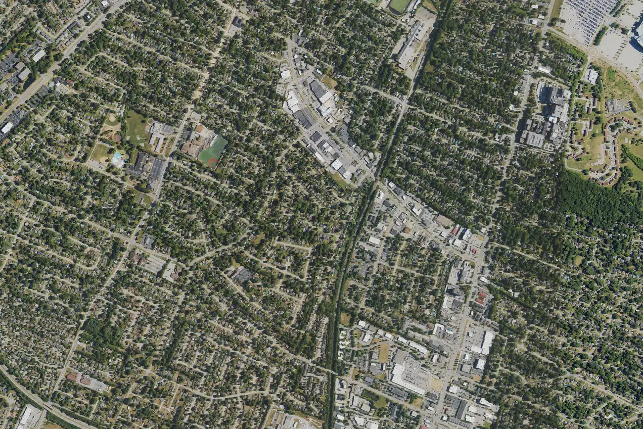 Aerial view of the streets between Clays Mill Road and Nicholasville Road in the Southland area of Lexington