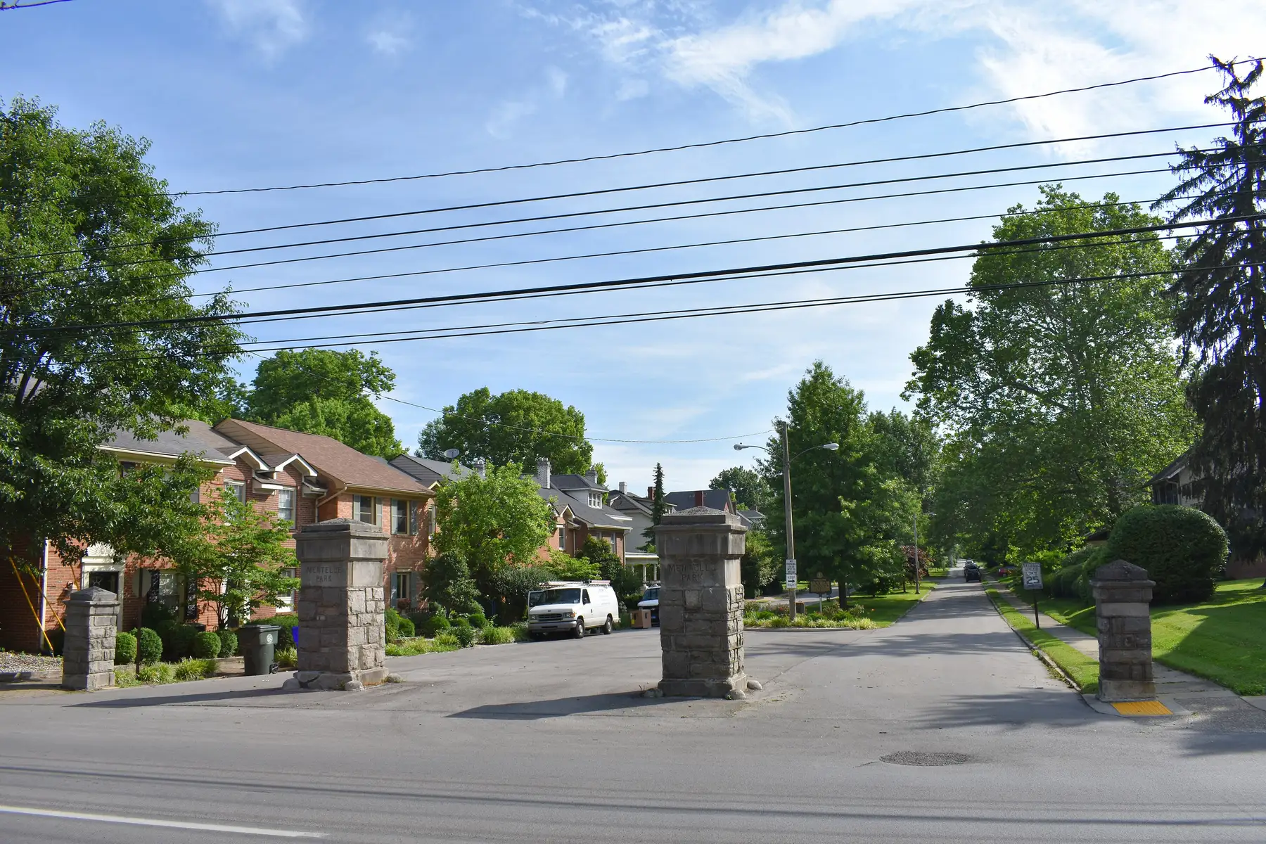 The stone gateposts at the entrance to Mentelle Park, a historic residential street in Lexington