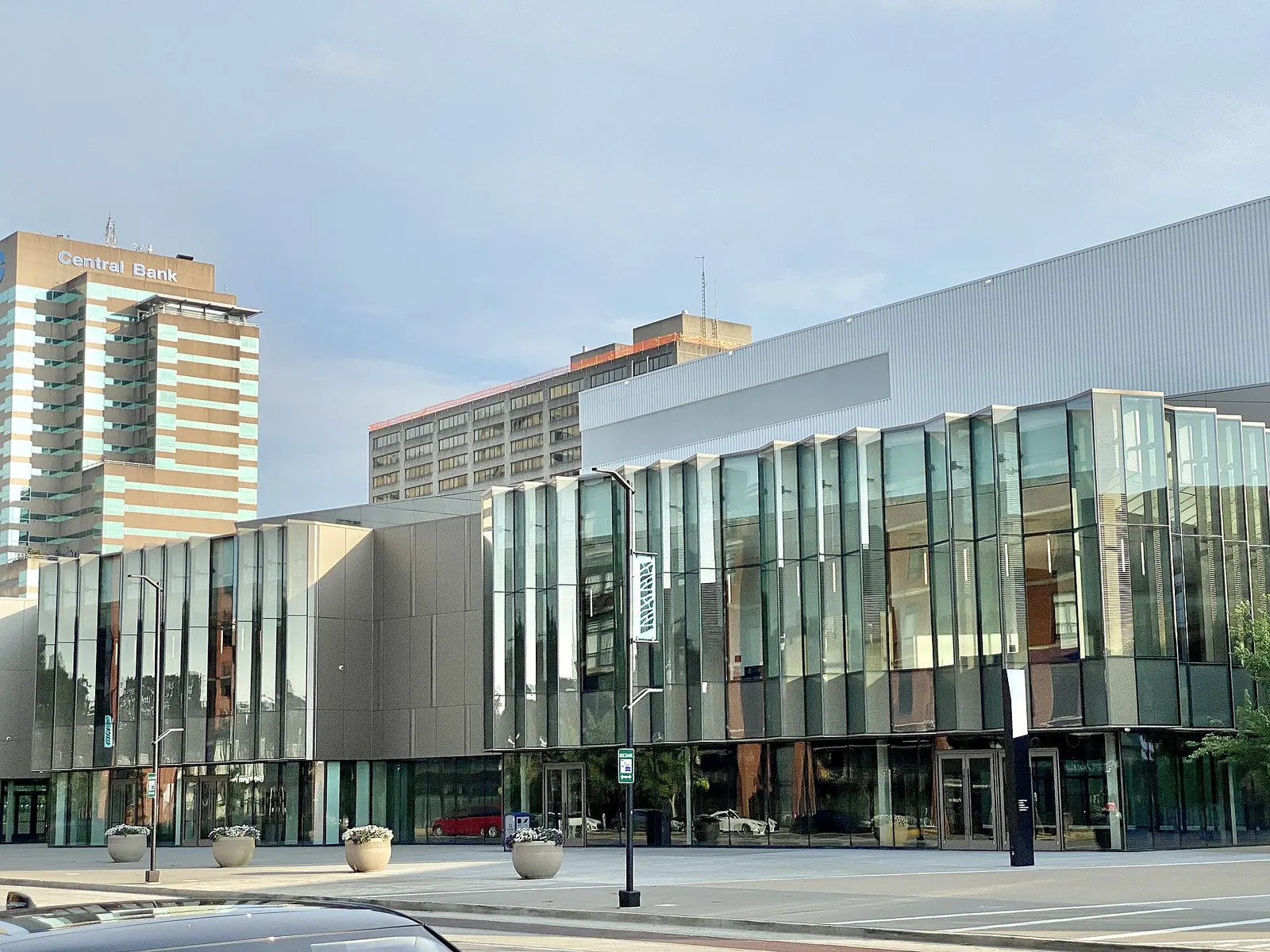 The glass front of Central Bank Center and Rupp Arena at Vine Street and Main Street in downtown Lexington