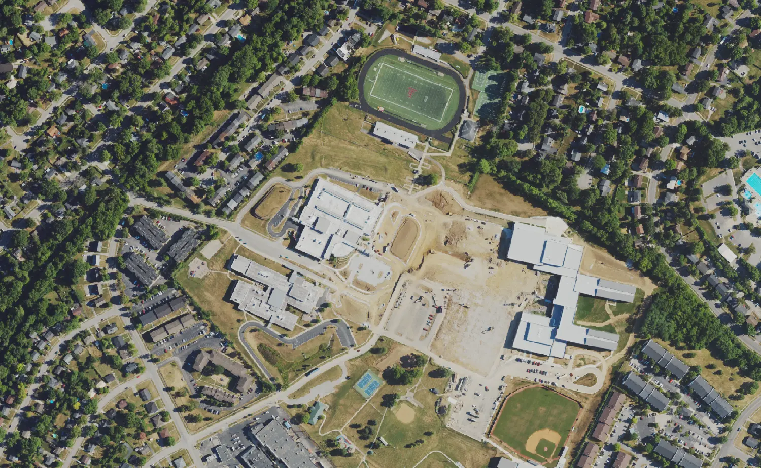 The Tates Creek campus on Centre Parkway in Lexington, home of Tates Creek Elementary, Middle and High schools, seen from the air with construction under way