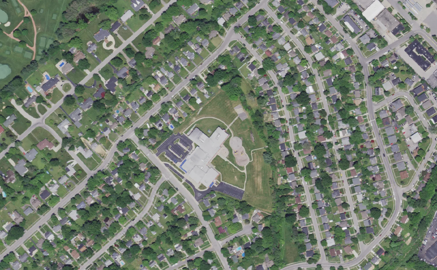 Madeline M. Breckinridge Elementary School and its grounds on St. Mathilda Drive in Lexington, seen from the air