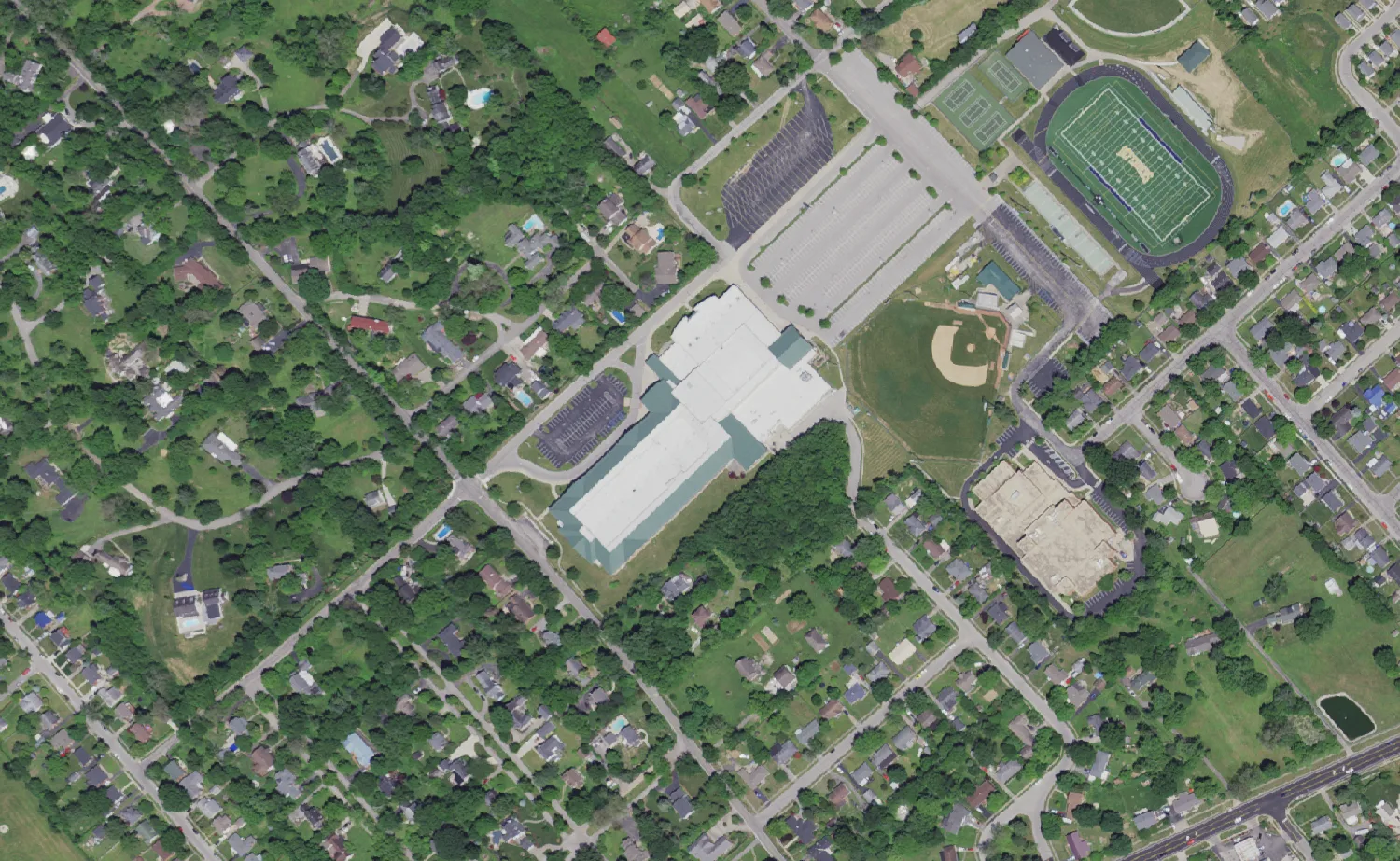 Bryan Station High School and its grounds on Eastin Road in Lexington, seen from the air