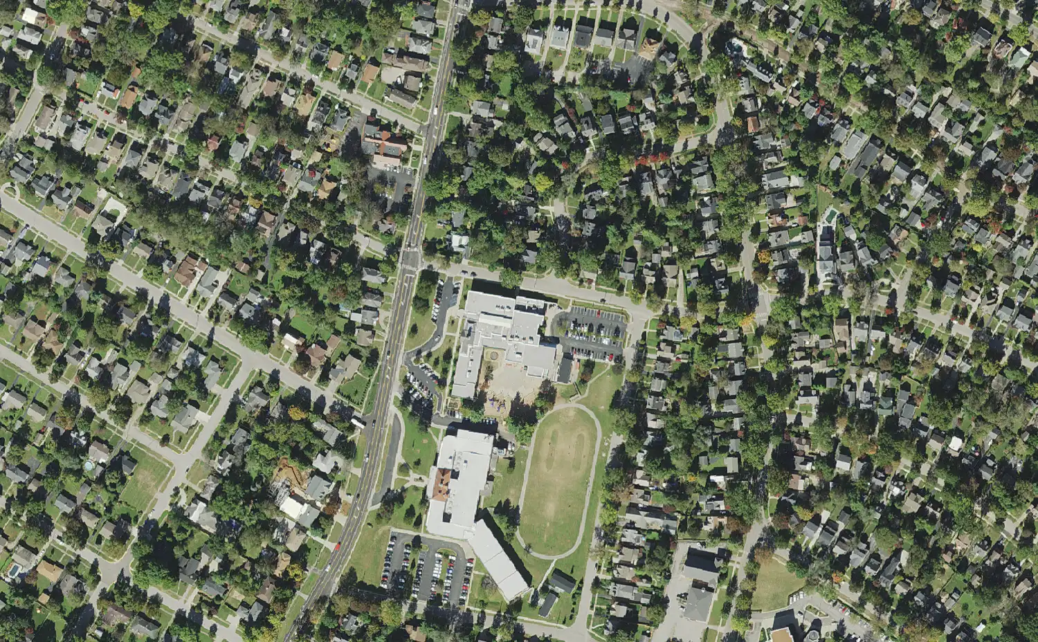 Cassidy Elementary School and its grounds on Tates Creek Road in Lexington, seen from the air