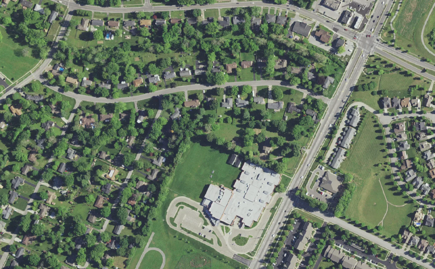 Jessie M. Clark Middle School and its grounds on Clays Mill Road in Lexington, seen from the air