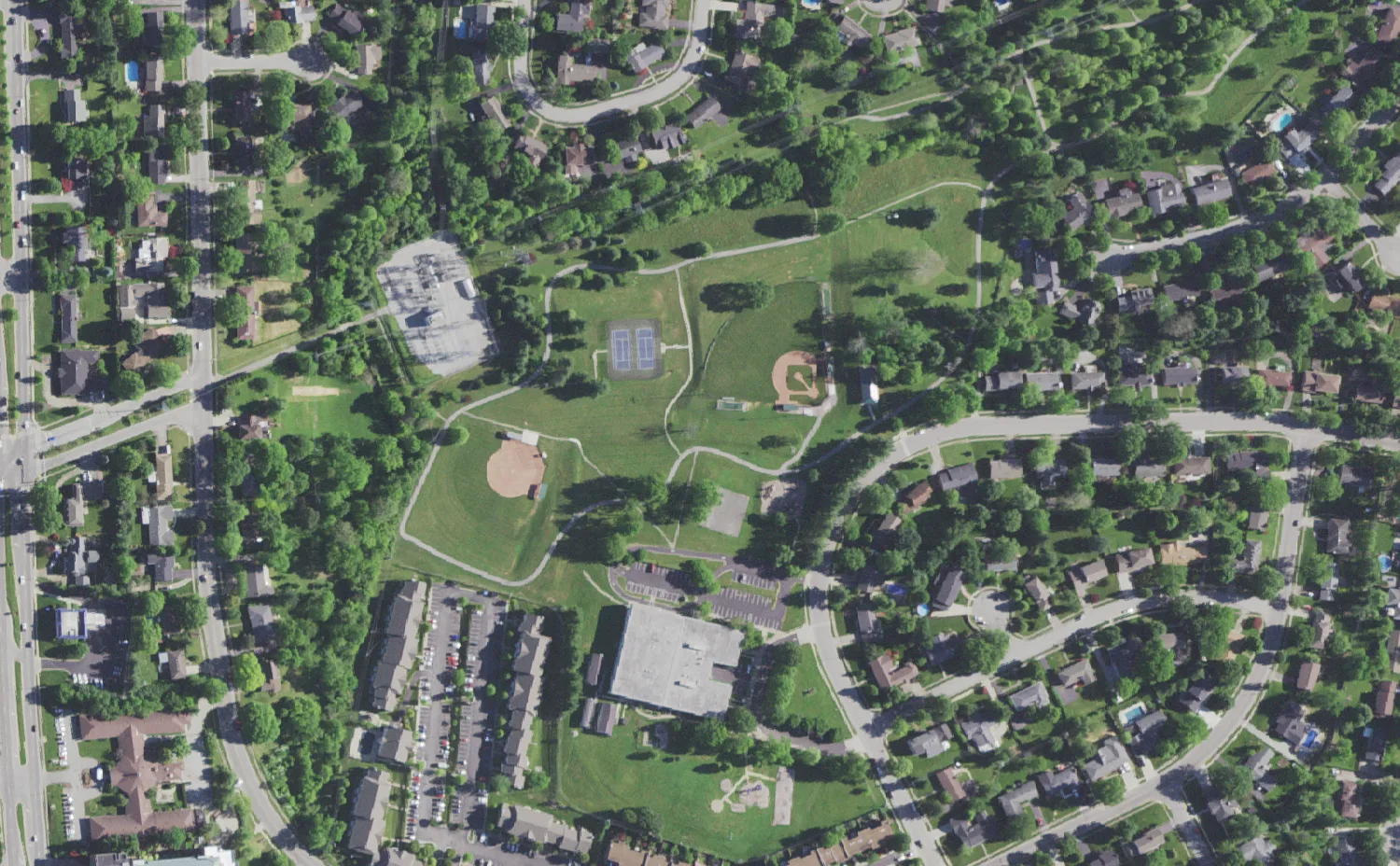 Julius Marks Elementary School and its grounds on Pepperhill Road in Lexington, seen from the air
