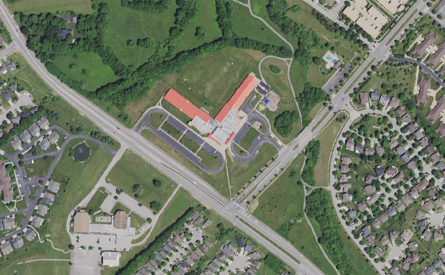 Liberty Elementary School and its grounds on Liberty Road in Lexington, seen from the air