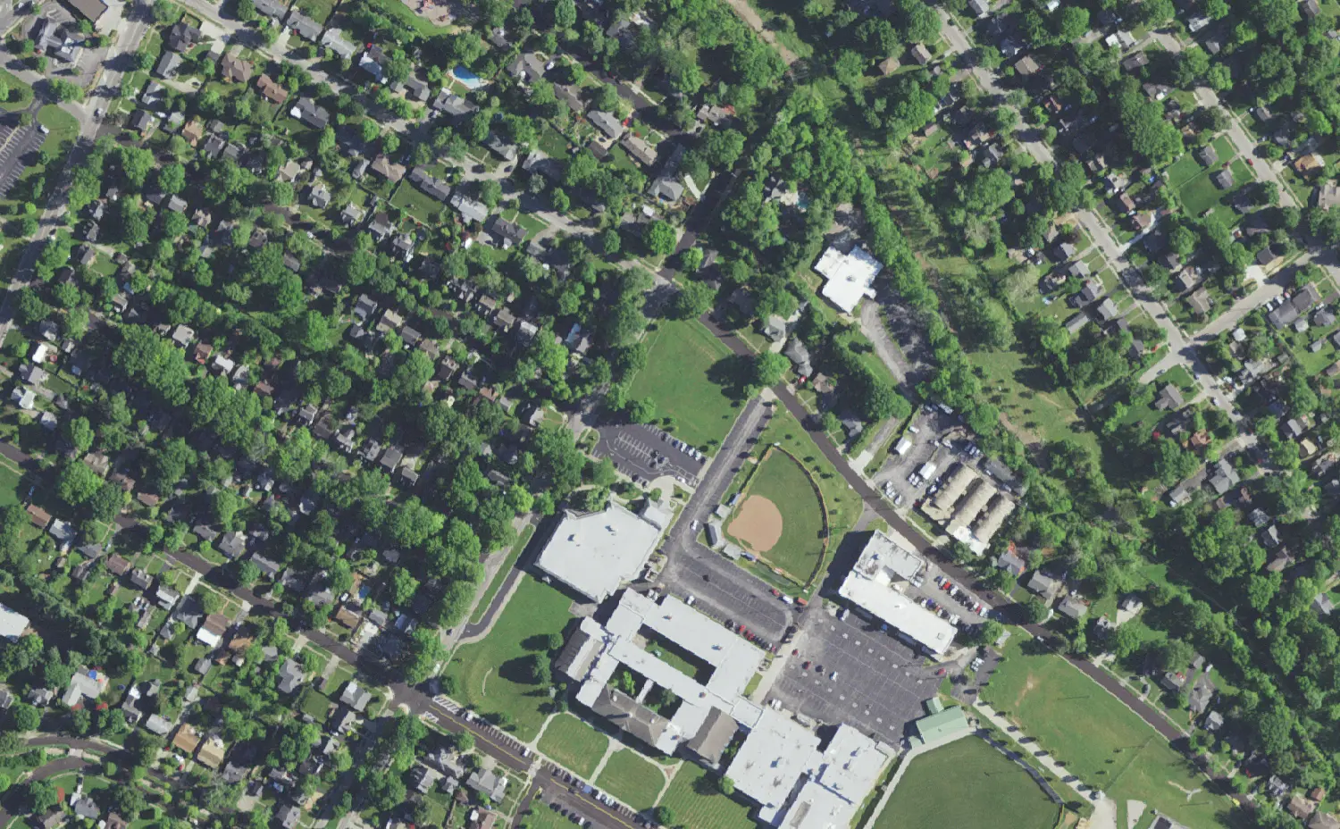 SCAPA at Bluegrass and its grounds on Lafayette Parkway in Lexington, seen from the air