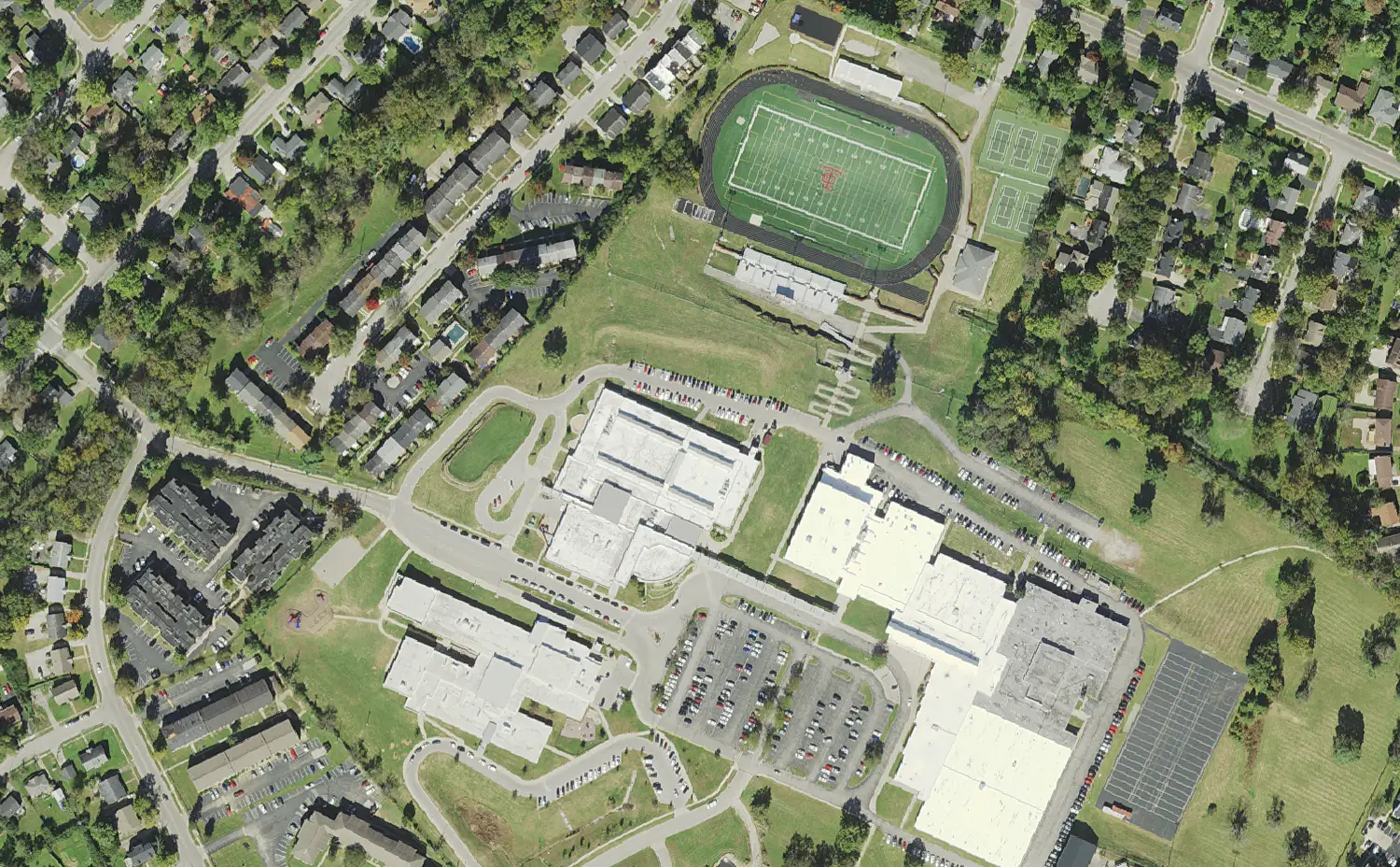 Tates Creek Middle School and its grounds on Centre Parkway in Lexington, seen from the air