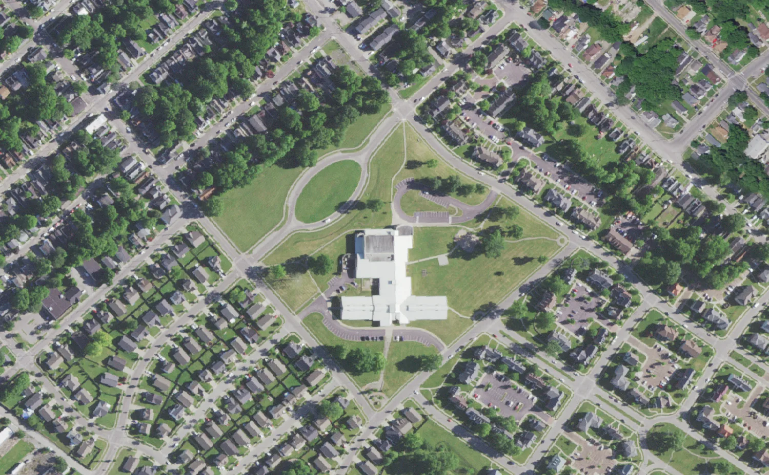 William Wells Brown Elementary School and its grounds on East Fifth Street in Lexington, seen from the air