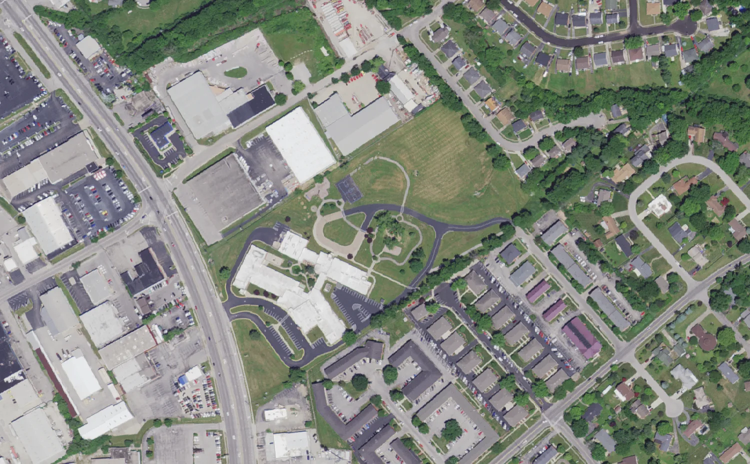 Yates Elementary School and its grounds on East New Circle Road in Lexington, seen from the air
