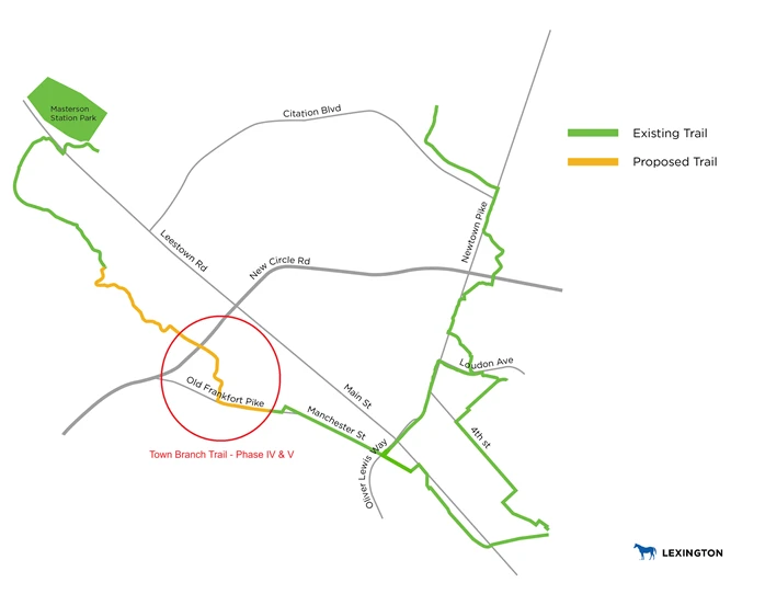 City map of Town Branch Trail showing existing trail in green from Masterson Station Park and downtown, and the proposed phase 4 and 5 section in orange near Old Frankfort Pike, between Leestown Road and Manchester Street.